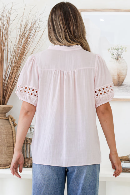 Alenna Shirt - Mandarin Collar Cut Out Detailed Short Sleeve Button Down in Pink