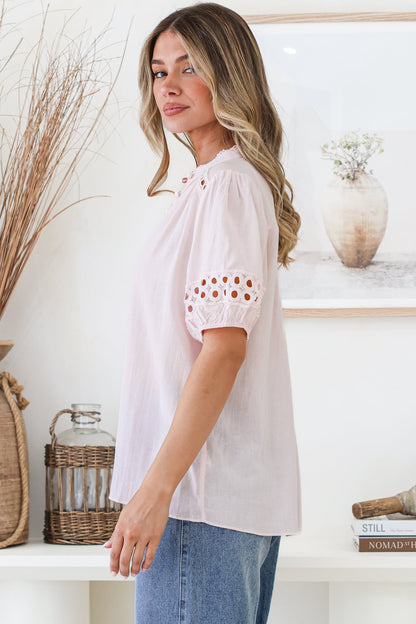 Alenna Shirt - Mandarin Collar Cut Out Detailed Short Sleeve Button Down in Pink