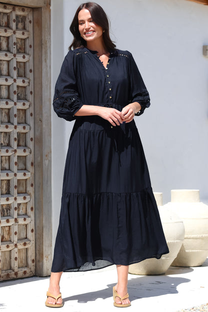 Alexander Maxi Dress - Mandarin Collar Tiered Dress with 3/4 Hollow Out Detailed Sleeves in Navy