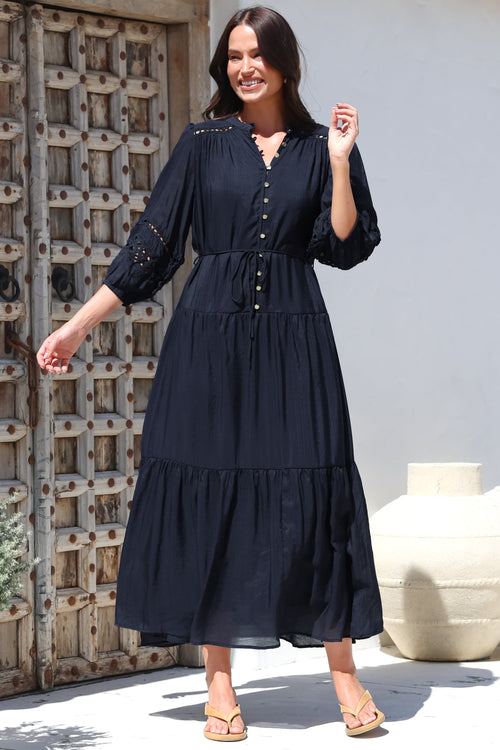 Alexander Maxi Dress - Mandarin Collar Tiered Dress with 3/4 Hollow Out Detailed Sleeves in Navy