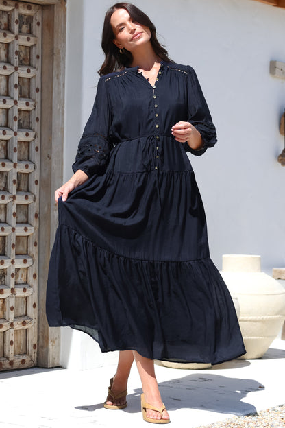 Alexander Maxi Dress - Mandarin Collar Tiered Dress with 3/4 Hollow Out Detailed Sleeves in Navy