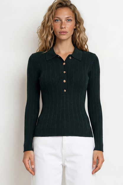 Alexander Knit Top - Ribbed with long fitted Sleeves in Dark Green