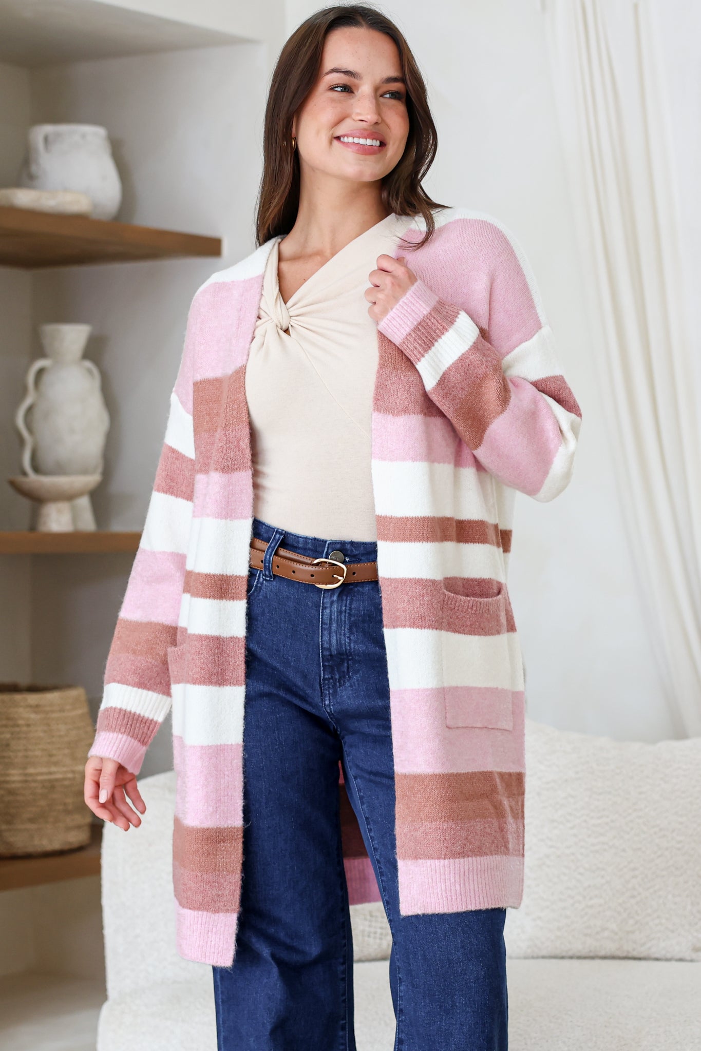 Alfie Cardigan - Open Stripe Knit with Pockets and Rib Knit Trim in Pink