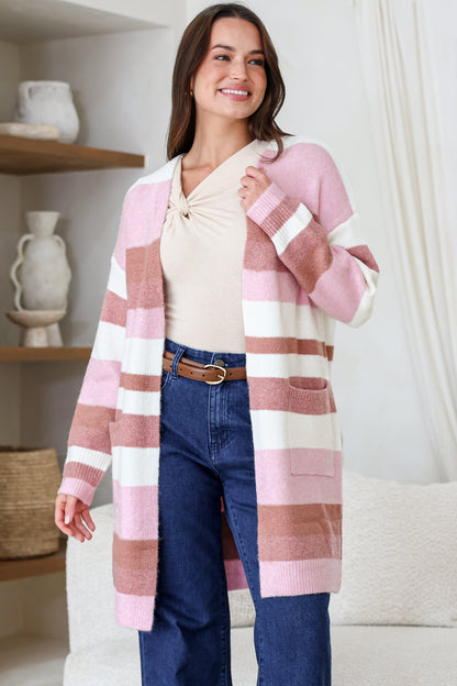 Alfie Cardigan - Open Stripe Knit with Pockets and Rib Knit Trim in Pink