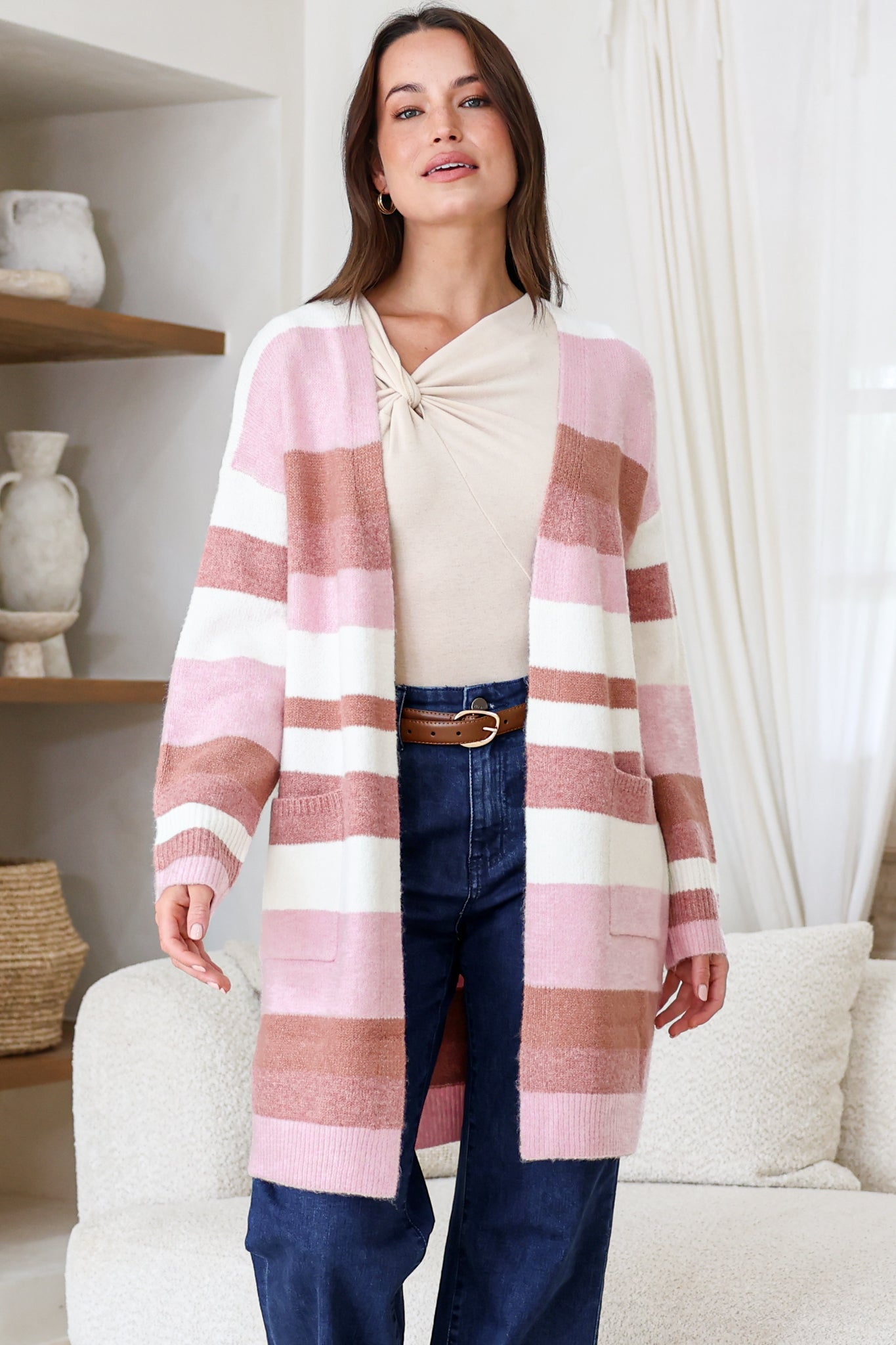 Alfie Cardigan - Open Stripe Knit with Pockets and Rib Knit Trim in Pink