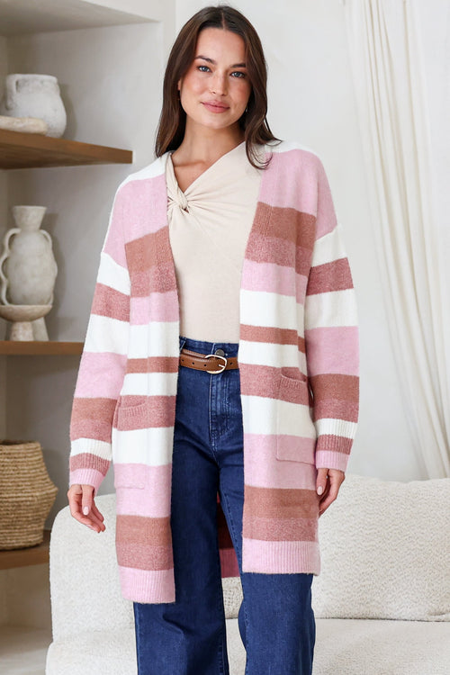 Alfie Cardigan - Open Stripe Knit with Pockets and Rib Knit Trim in Pink