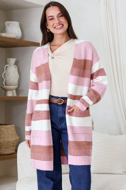 Alfie Cardigan - Open Stripe Knit with Pockets and Rib Knit Trim in Pink