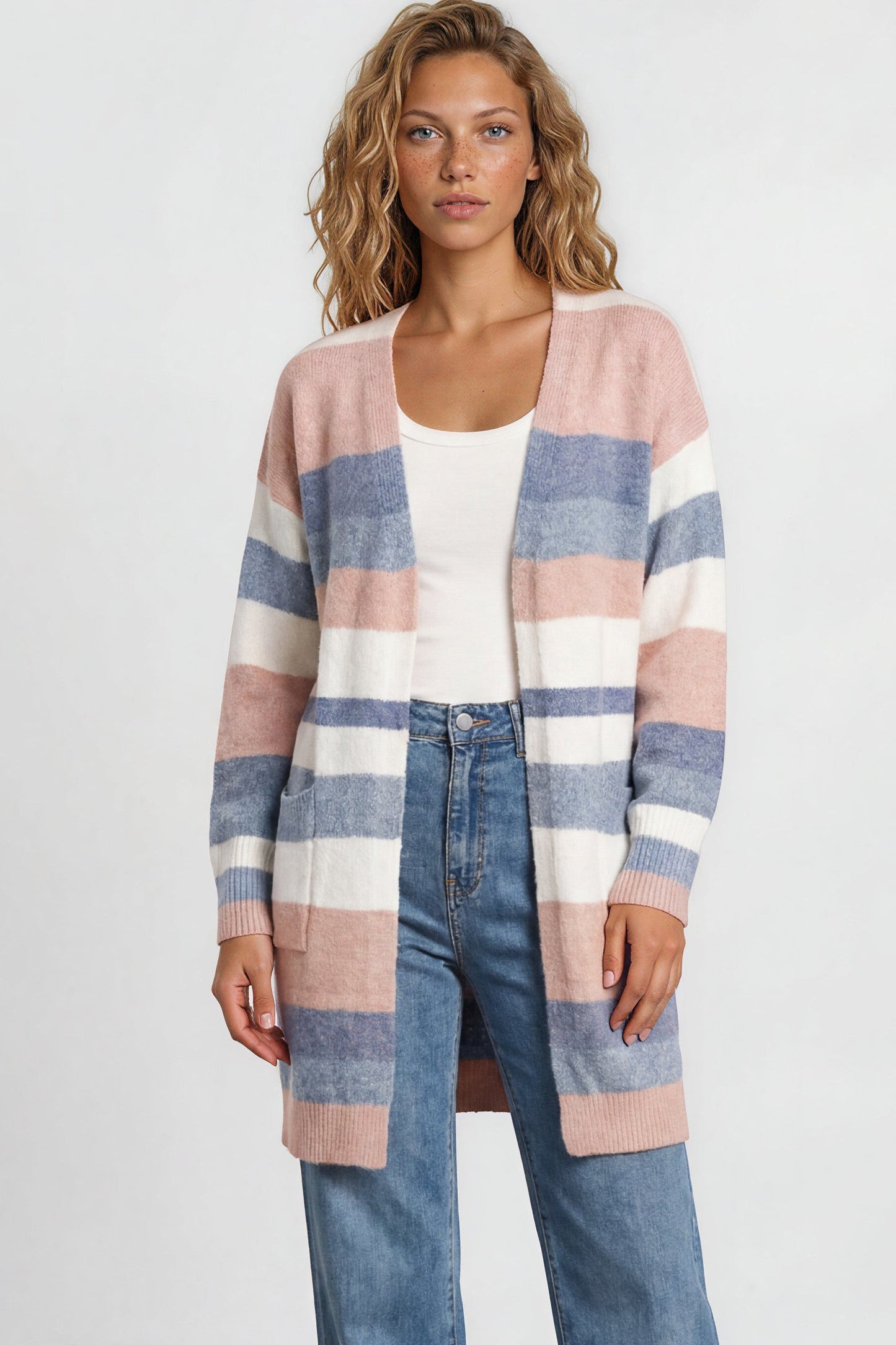 Alfie Cardigan - Open Stripe Knit with Pockets and Rib Knit Trim in Pink/Blue