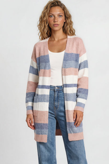 Alfie Cardigan - Open Stripe Knit with Pockets and Rib Knit Trim in Pink/Blue