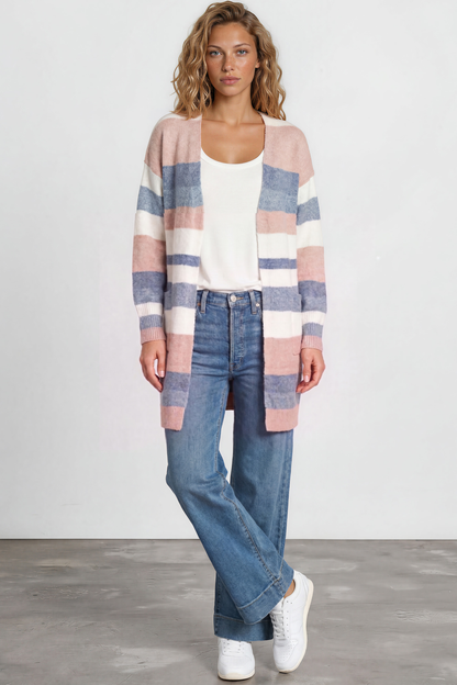 Alfie Cardigan - Open Stripe Knit with Pockets and Rib Knit Trim in Pink/Blue