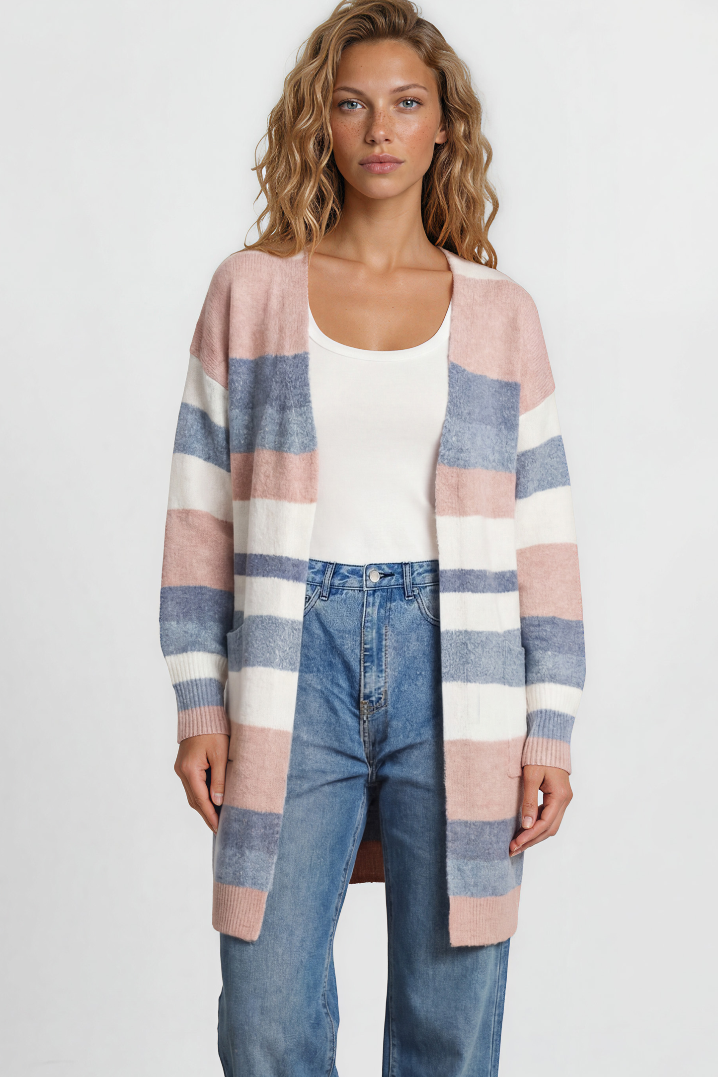 Alfie Cardigan - Open Stripe Knit with Pockets and Rib Knit Trim in Pink/Blue