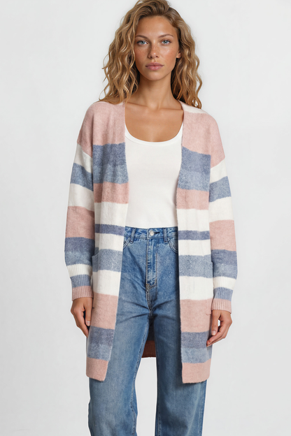Alfie Cardigan - Open Stripe Knit with Pockets and Rib Knit Trim in Pink/Blue