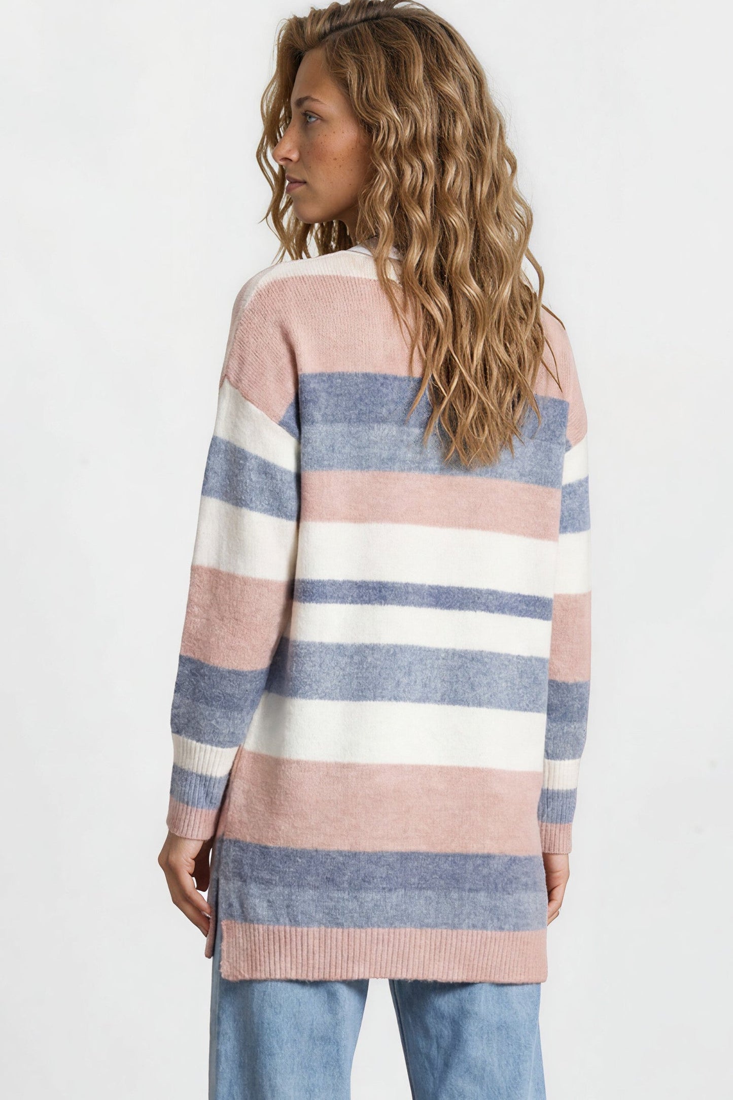 Alfie Cardigan - Open Stripe Knit with Pockets and Rib Knit Trim in Pink/Blue