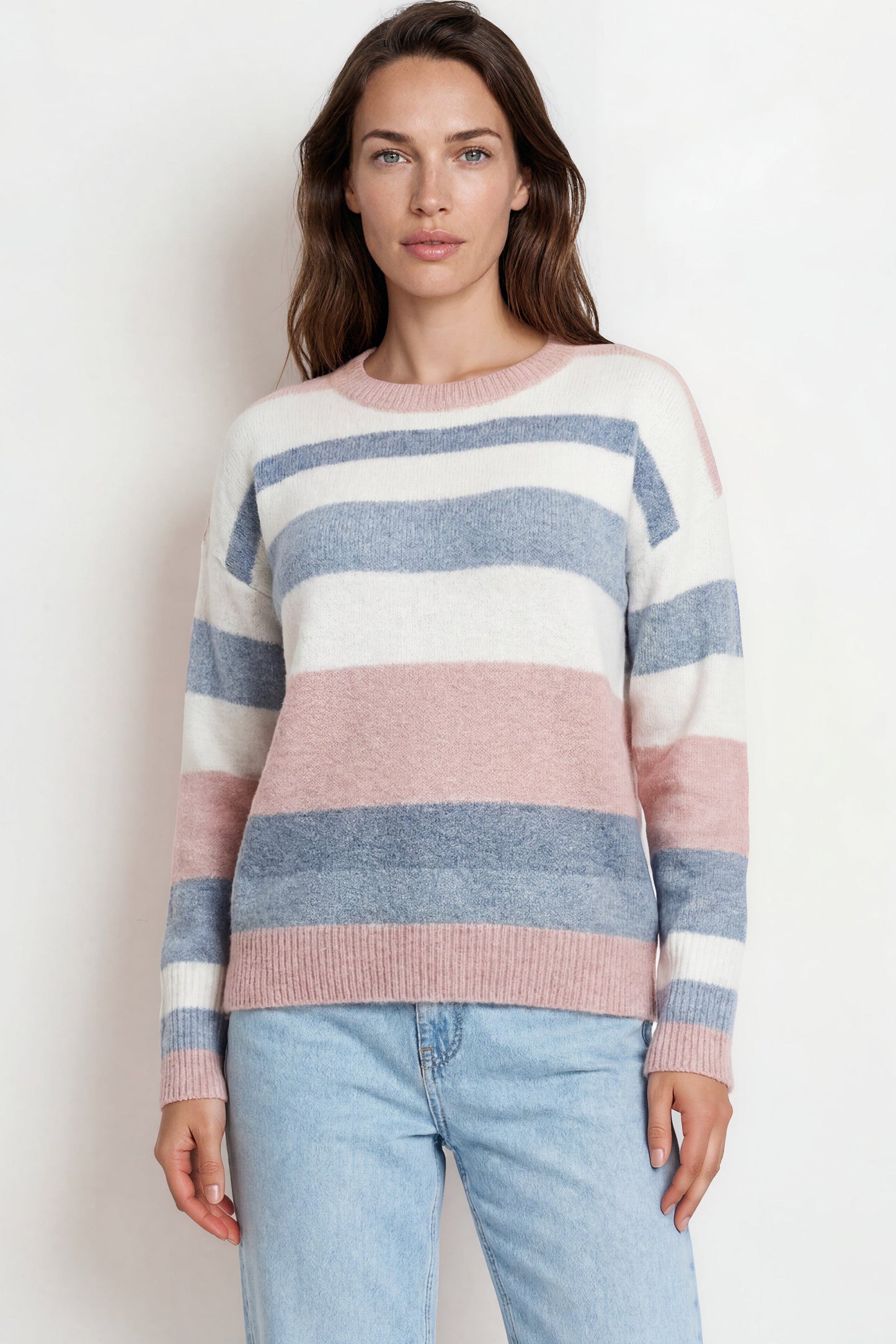 Alfie Jumper - Crew Neck Stripe Knit with Ribbed Hemlines in Blue