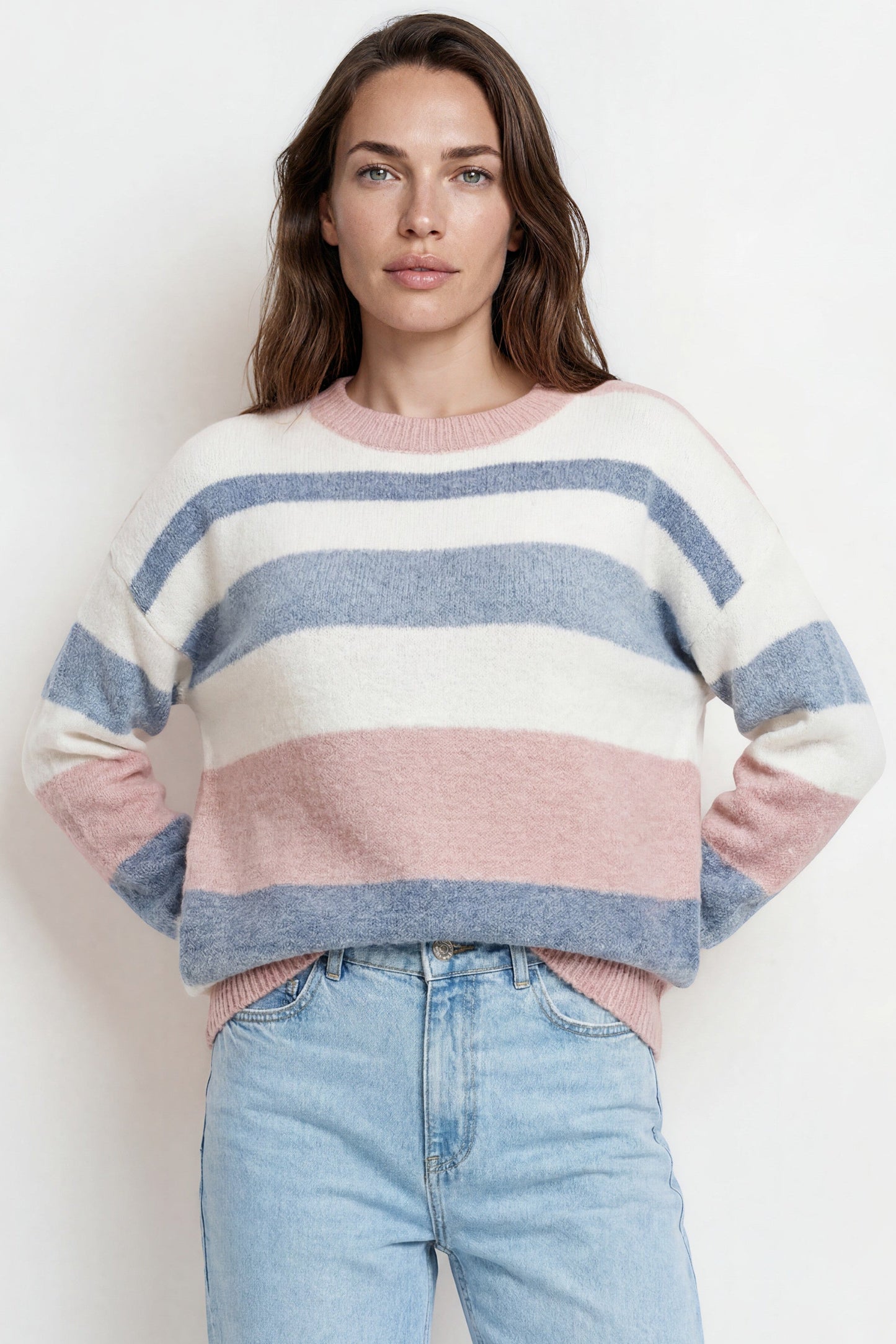 Alfie Jumper - Crew Neck Stripe Knit with Ribbed Hemlines in Blue