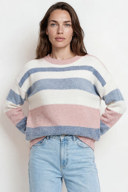 Alfie Jumper - Crew Neck Stripe Knit with Ribbed Hemlines in Blue