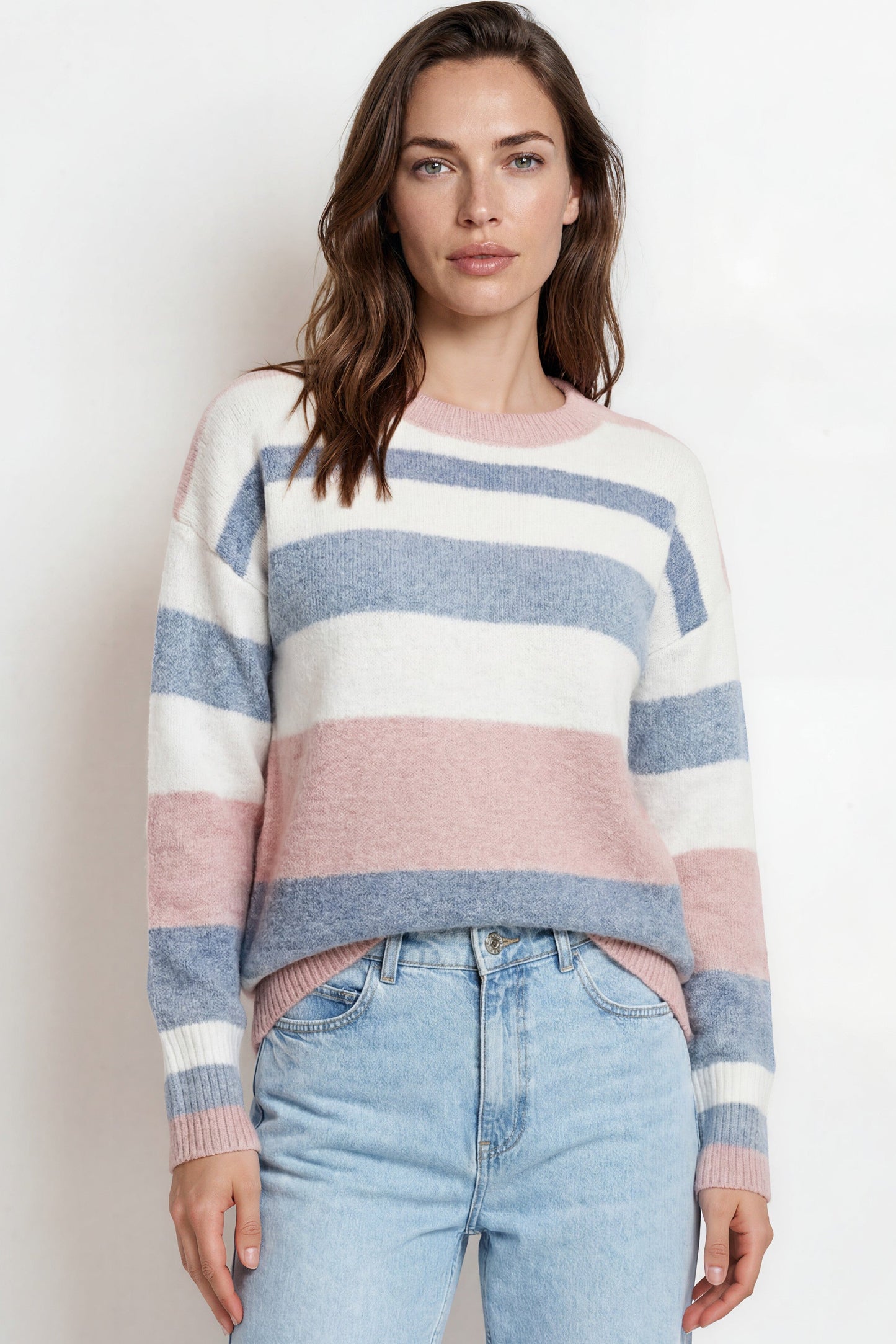 Alfie Jumper - Crew Neck Stripe Knit with Ribbed Hemlines in Blue