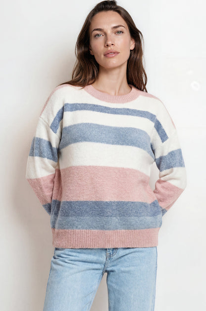 Alfie Jumper - Crew Neck Stripe Knit with Ribbed Hemlines in Blue