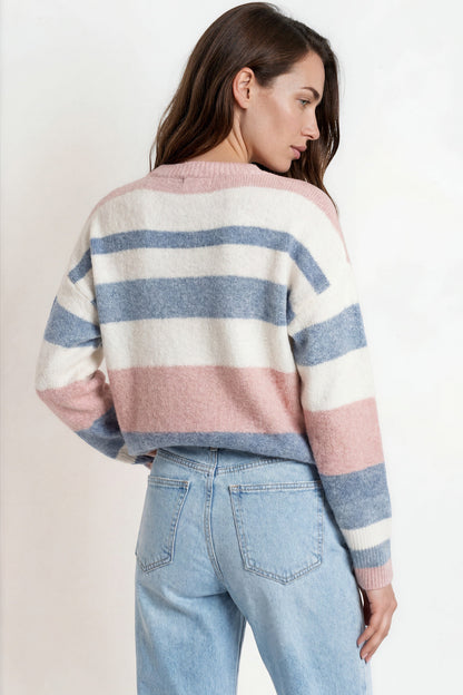 Alfie Jumper - Crew Neck Stripe Knit with Ribbed Hemlines in Blue