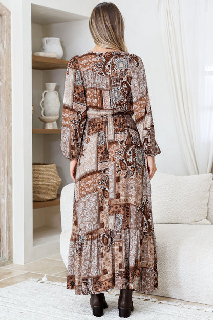 Ali Maxi Dress - V Neck Pull Tie Waist Tiered Dress in Novak Print Chocolate
