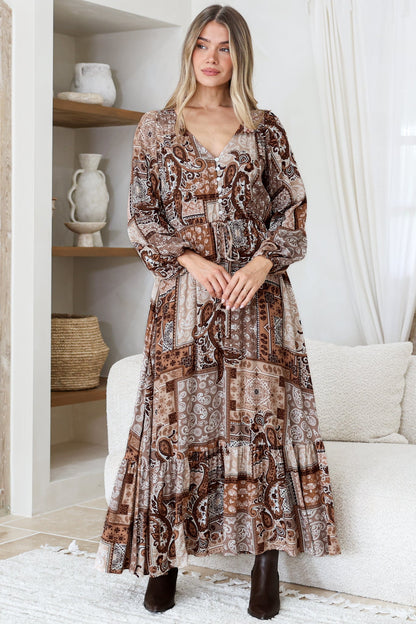Ali Maxi Dress - V Neck Pull Tie Waist Tiered Dress in Novak Print Chocolate