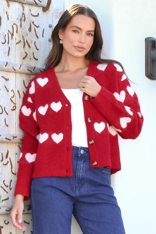 Allaria Cardigan - V-Neck Button Front Heart Motif Knit in Red