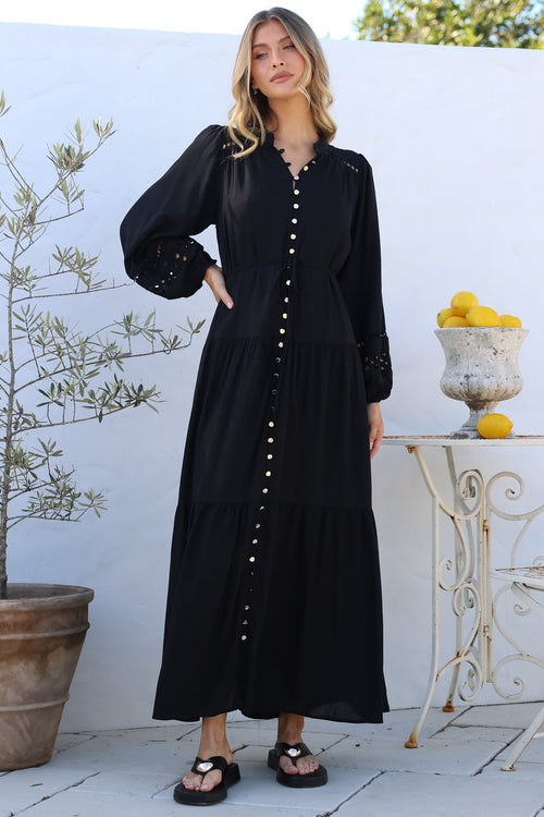 Alyce Maxi Dress - Mandarin Collar Button Down with Detachable Waist Tie in Black
