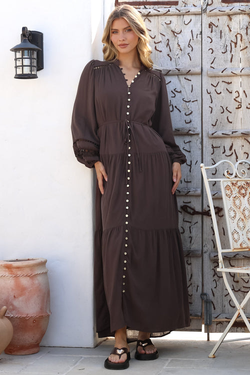 Alyce Maxi Dress - Mandarin Collar Button Down with Detachable Waist Tie in Chocolate