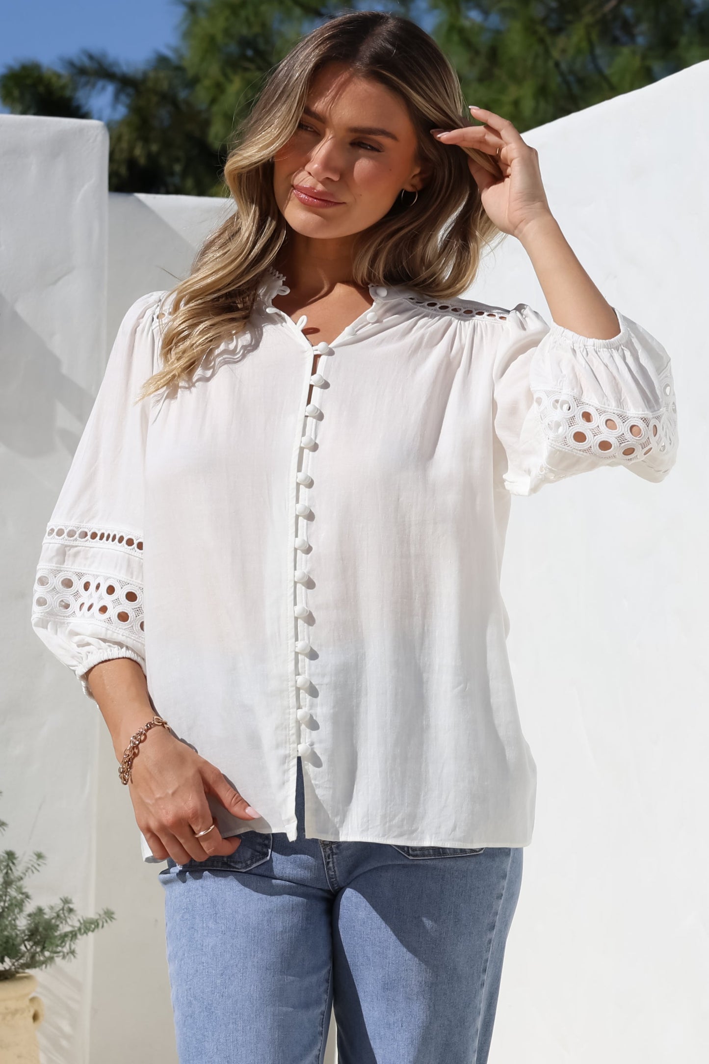 Alyce Shirt - Mandarin Collar Cut Out Detailed Sleeve Button Down in White
