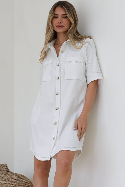 Alyssa Mini Dress - Collared Button-Down Denim Shirt Dress in White