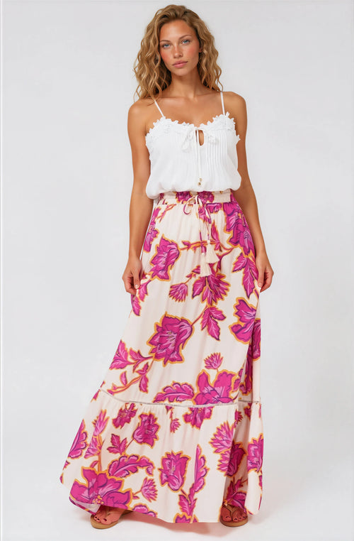 Amana Maxi Skirt - Tiered Skirt with Ladder Lace Insert Splicing in Kalia Print Cream