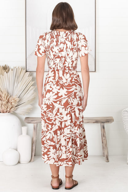 Amaya Midi Dress - Shirred Cap Sleeve A Line Dress in Charis Print Rust