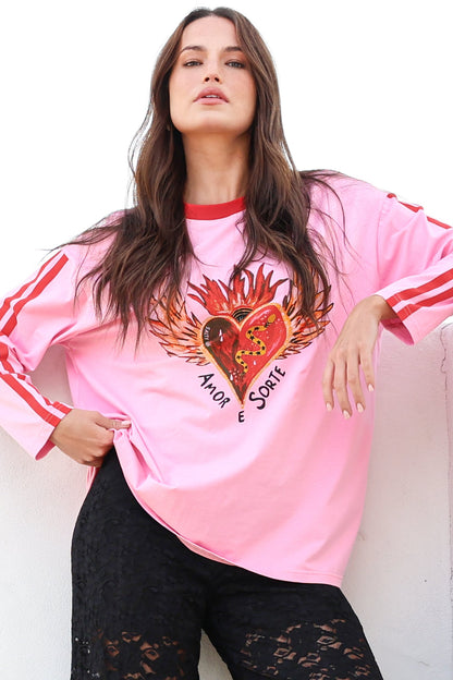 Amor E Sorte Long Sleeve Tee - Crew Neck Contrast Sport Stripe Graphic T-Shirt in Pink