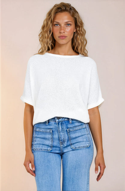 Andre Top - Crew Neck Slouchy Knit Top with Cuffed Short Sleeves in White