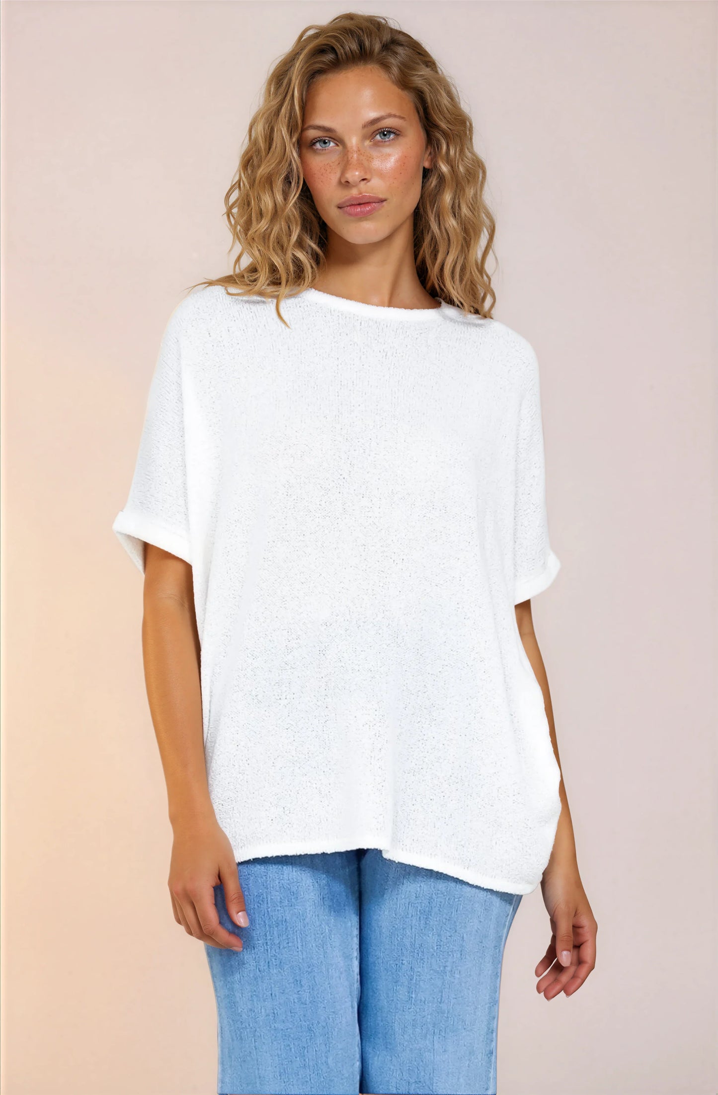 Andre Top - Crew Neck Slouchy Knit Top with Cuffed Short Sleeves in White