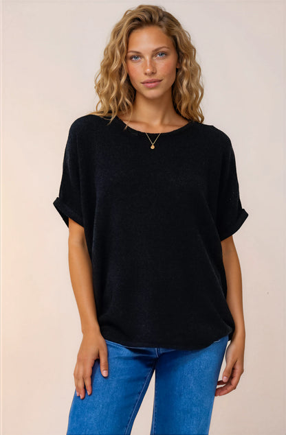Andre Top - Crew Neck Slouchy Knit Top with Cuffed Short Sleeves in Black