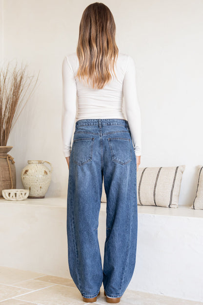 Antoni Barrel Jeans - Mid Rise Whisker Stripe Jeans in Mid Denim Wash