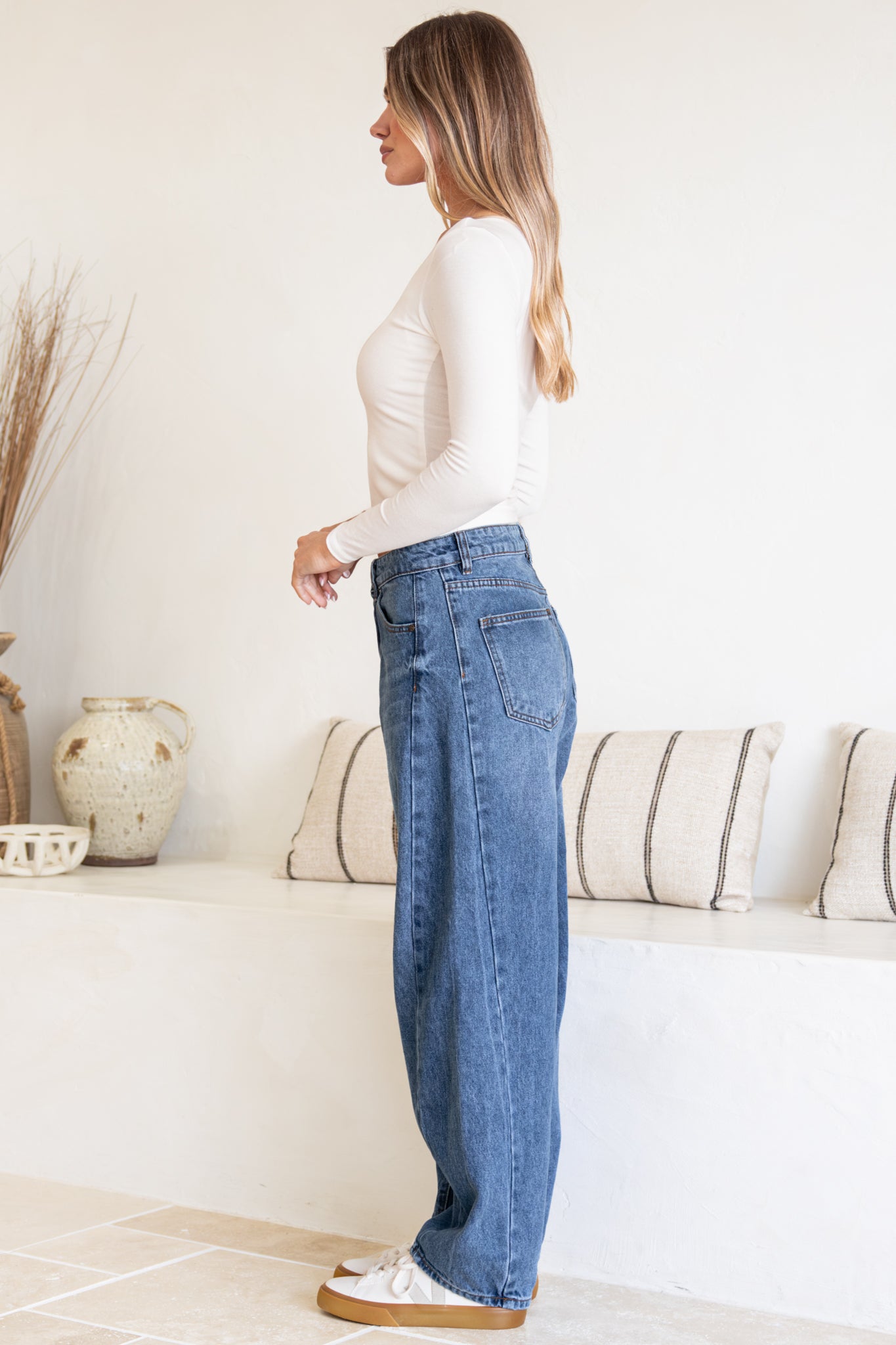 Antoni Barrel Jeans - Mid Rise Whisker Stripe Jeans in Mid Denim Wash