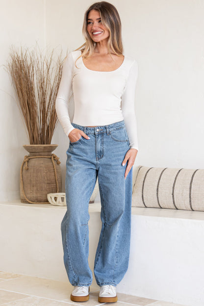 Antoni Barrel Jeans - Mid Rise Whisker Stripe Jeans in Light Denim Wash