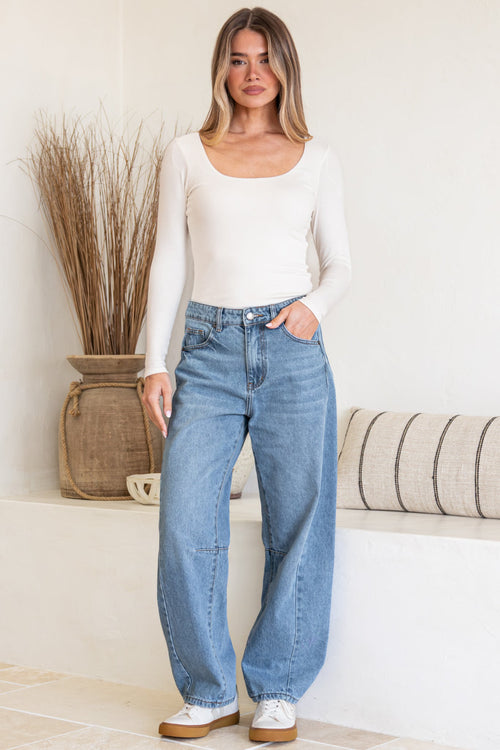 Antoni Barrel Jeans - Mid Rise Whisker Stripe Jeans in Light Denim Wash