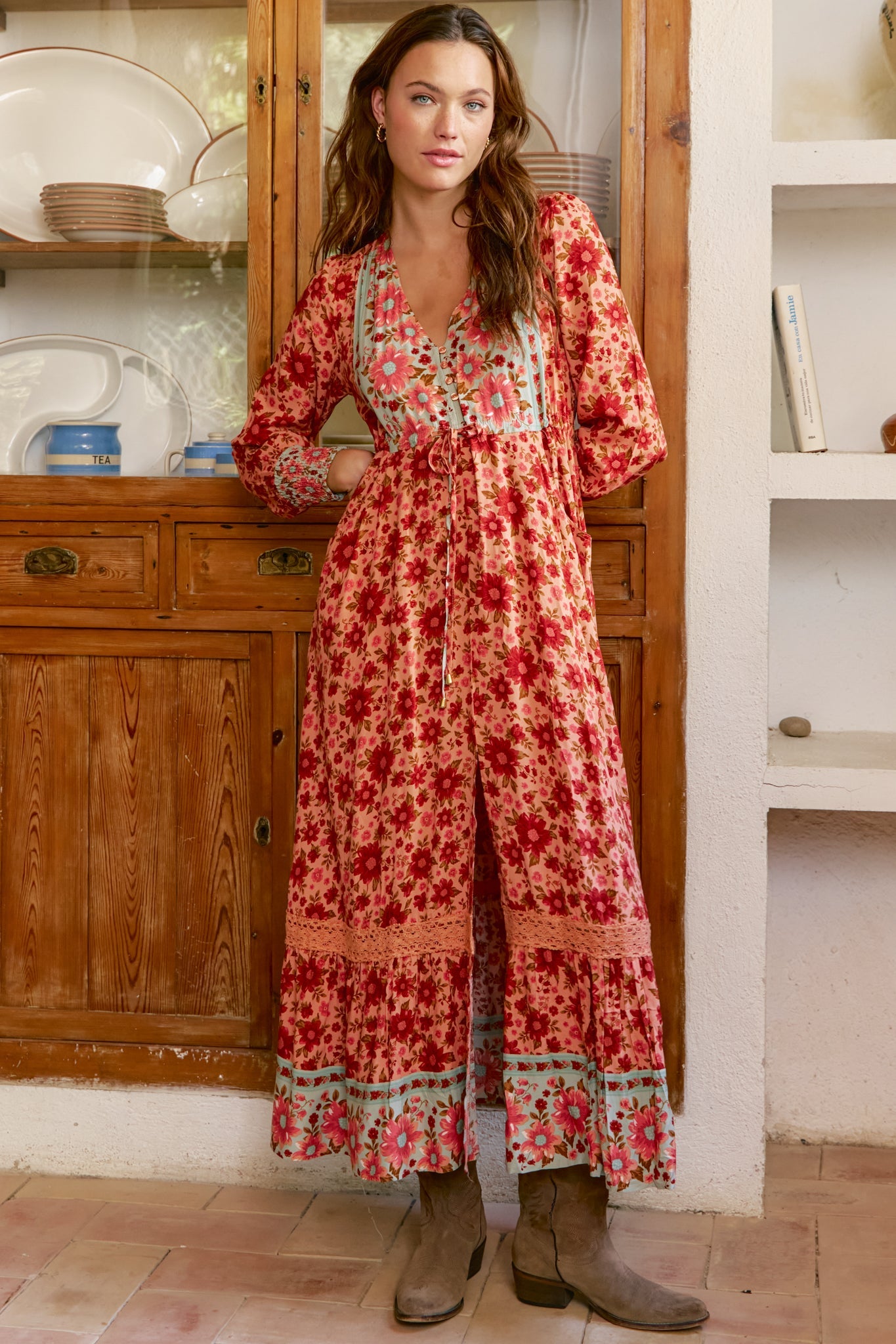 JAASE - Arlo Maxi Dress: V-Neck Pull Tie Waist Maxi With Pockets in Lillianna Print