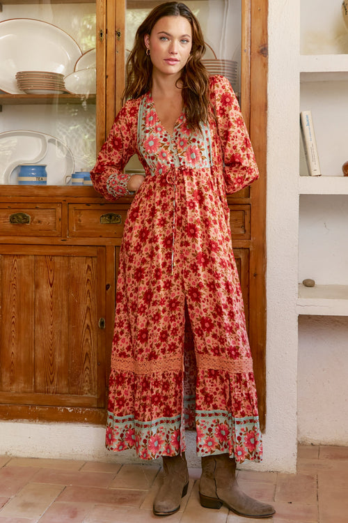JAASE - Arlo Maxi Dress: V-Neck Pull Tie Waist Maxi With Pockets in Lillianna Print