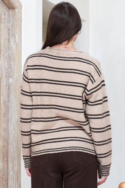 Armondo Jumper - Crew Neck Striped Drop Shoulder Knit in Taupe