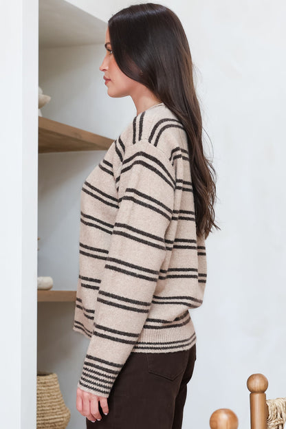 Armondo Jumper - Crew Neck Striped Drop Shoulder Knit in Taupe