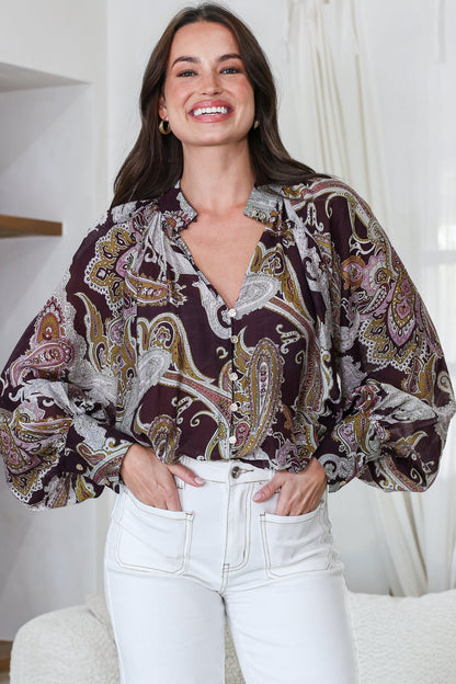 Ashbury Blouse - Mandarin Collar Button Down with Buttoned Cuff Sleeves in Woodstock Print