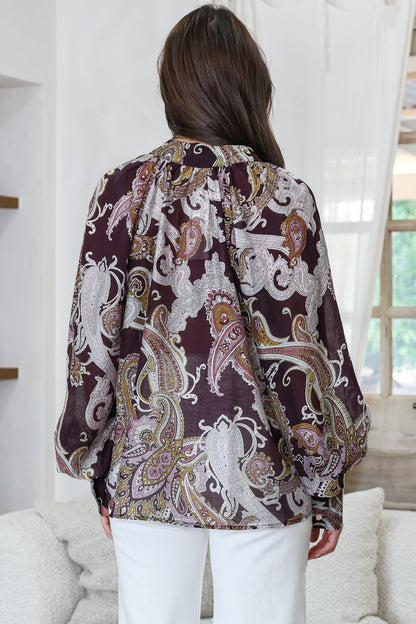Ashbury Blouse - Mandarin Collar Button Down with Buttoned Cuff Sleeves in Woodstock Print