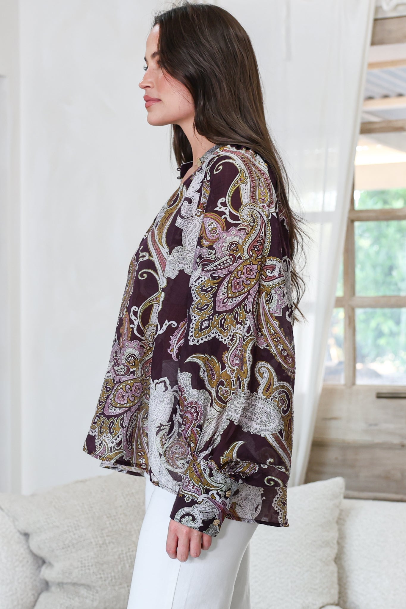 Ashbury Blouse - Mandarin Collar Button Down with Buttoned Cuff Sleeves in Woodstock Print