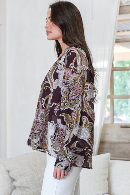 Ashbury Blouse - Mandarin Collar Button Down with Buttoned Cuff Sleeves in Woodstock Print