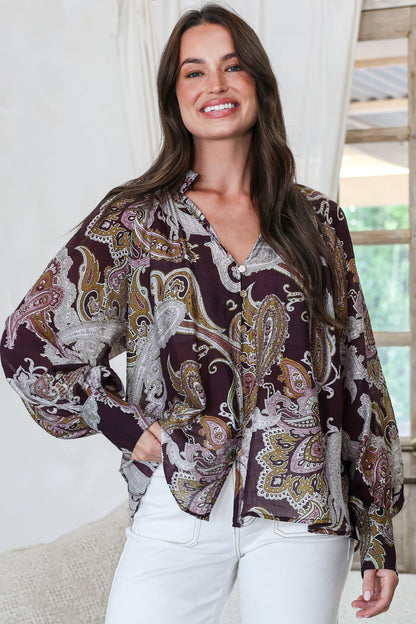 Ashbury Blouse - Mandarin Collar Button Down with Buttoned Cuff Sleeves in Woodstock Print
