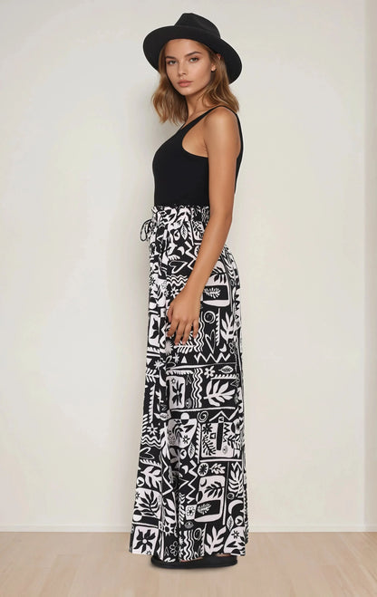 Ashora Pants - Paper Bag High Waisted Wide Leg Pants with Black & White Graphic Print